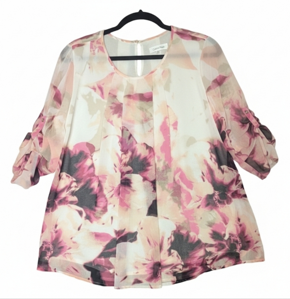 Calvin Klein Pink Floral Chiffon Blouse - Size M
